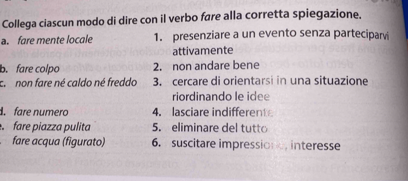 Collega ciascun modo di dire con il verbo fare alla corretta spiegazione. 
a. fare mente locale 1. presenziare a un evento senza parteciparvi 
attivamente 
b. fare colpo 2. non andare bene 
c. non fare né caldo né freddo 3. cercare di orientarsi in una situazione 
riordinando le idee 
. fare numero 4. lasciare indifferente 
fare piazza pulita 5. eliminare del tutt 
fare acqua (figurato) 6. suscitare impressione, interesse