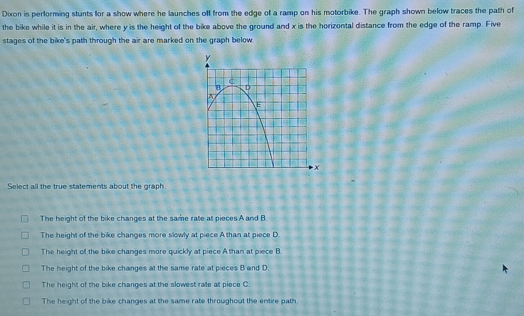 Dixon is performing stunts for a show where he launches off from the edge of a ramp on his motorbike. The graph shown below traces the path of
the bike while it is in the air, where y is the height of the bike above the ground and x is the horizontal distance from the edge of the ramp. Five
stages of the bike's path through the air are marked on the graph below.
Select all the true statements about the graph.
The height of the bike changes at the same rate at pieces A and B.
The height of the bike changes more slowly at piece A than at piece D.
The height of the bike changes more quickly at piece A than at piece B.
The height of the bike changes at the same rate at pieces B and D.
The height of the bike changes at the slowest rate at piece C.
The height of the bike changes at the same rate throughout the entire path