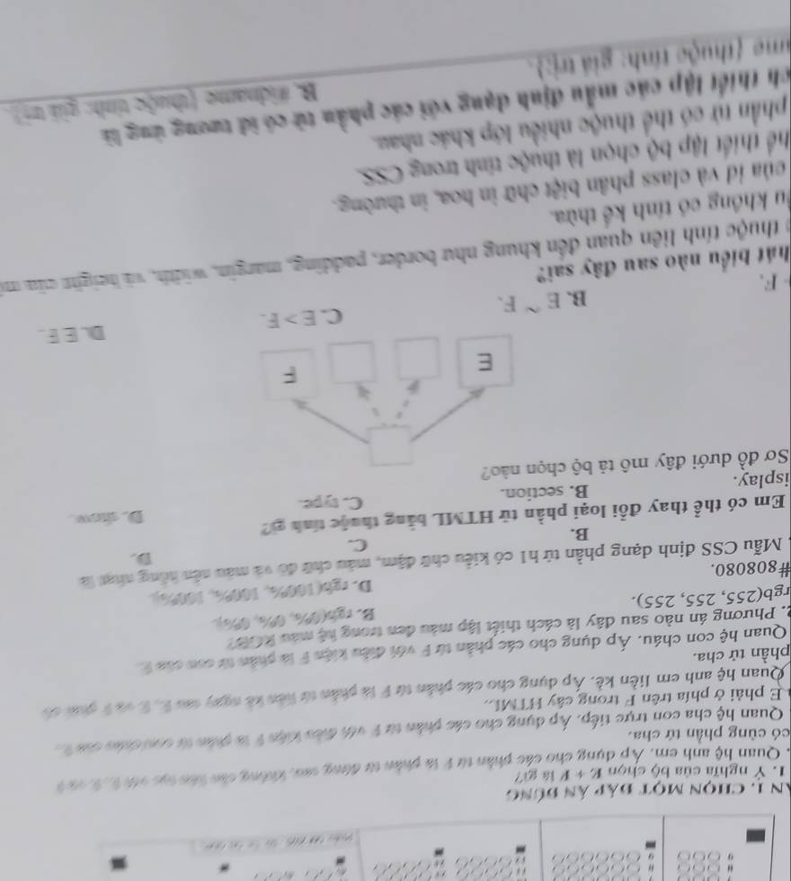 ăn 1. chọn một đáp án đúng
1. Ý nghĩa của bộ chọn K + F là gi?
. Quan hệ anh em. Áp dụng cho các phần từ F là phần từ đứng sao, không cản hên tục vố6 2,2 cà 9
có cùng phần tứ cha.
Quan hệ cha con trực tiếp. Áp dụng cho các phần từ F với đieo kiện F là phân từ con cháo của 2.
E phải ở phía trên F trong cây HTML.
Quan hệ ảnh em liền kẻ. Áp dụng cho các phân từ F là phần từ hên kê ngày sao E, B và7 ghác có
phần tử cha.
Quan hệ con cháu. Áp dụng cho các phần từ F với điều kiện F là phần từ con của F
2. Phương án nào sau đây là cách thiết lập màu đen trong kệ máu ROB?
rgb(255, 255, 255). B. rgh(0%, 0%, 0%).
D. rgb(100%, 100%, 100%).
#808080.
Mẫu CSS định dạng phần tử h1 có kiểu chữ đậm, màu chữ đó và màu nên hồng nhạt là
D.
C.
B.
Em có thể thay đổi loại phần tử HTML bằng thuộc tính gi?
C. type. D. sow.
isplay. B. section.
Sơ đồ dưới đây mô tả bộ cọn nào?
C. D. E F.
B. E^(sim)F.
- F.
hát biểu nào sau đây sai?
o thuộc tính liên quan đến khung như border, padding, margin, width, và height cũa mi
Âu không có tính kể thừa.
của id và class phân biệt chữ in hoa, in thường.
Thể thiết lập bộ chọn là thuộc tính trong CSS.
phần tử có thể thuộc nhiều lớp khác nhau.
ch thiết lập các mẫu định đạng với các phần tử có id tương ứng là
me (thuộc tính: giá trị:. B. #idname (thuộc tỉnh: giá trì).