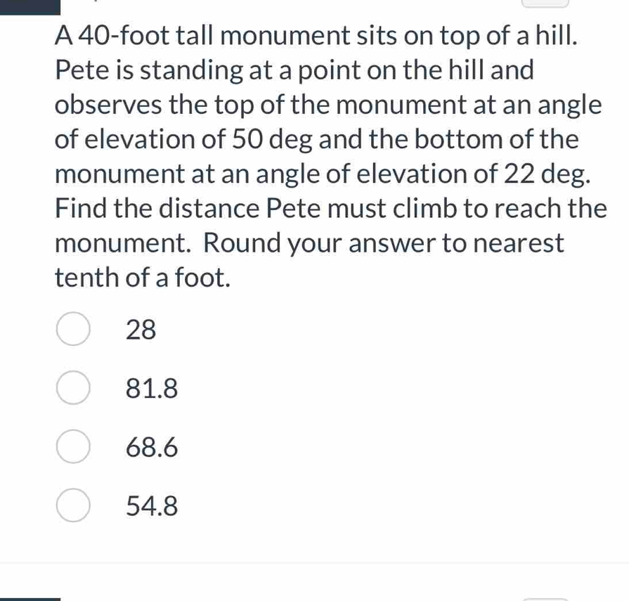 A 40-foot tall monument sits on top of a hill. Pete is standing at a ...