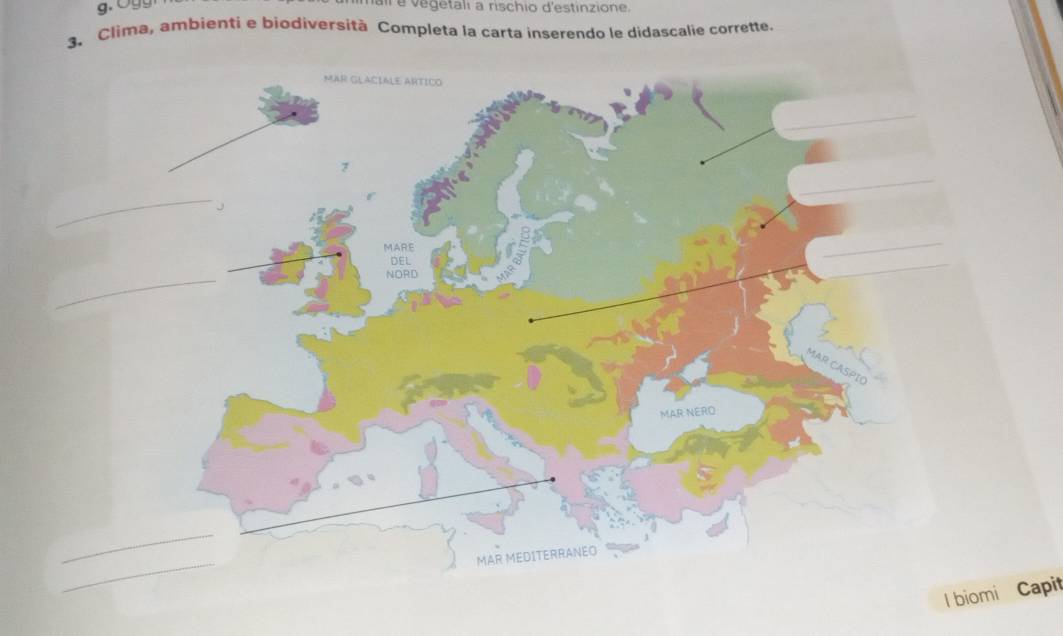 vegetali a rischio d'estinzione. 
3. Clima, ambienti e biodiversità Completa la carta inserendo le didascalie corrette. 
I biomi Capit