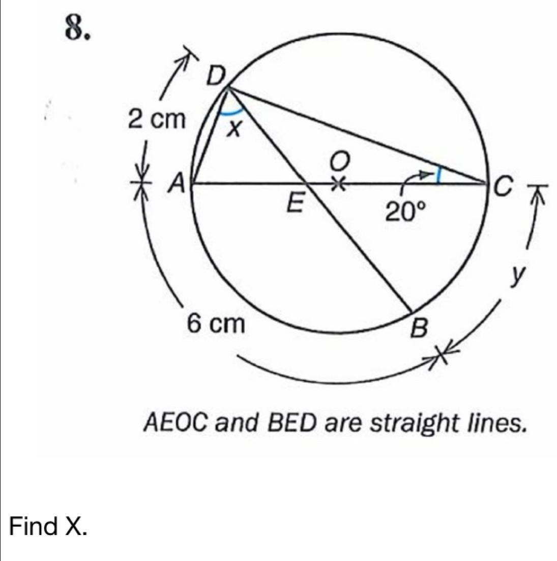 AEOC and BED are straight lines.
Find X.