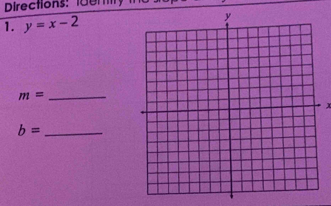 Directions: fd r ry 
1. y=x-2
m= _
x
b= _