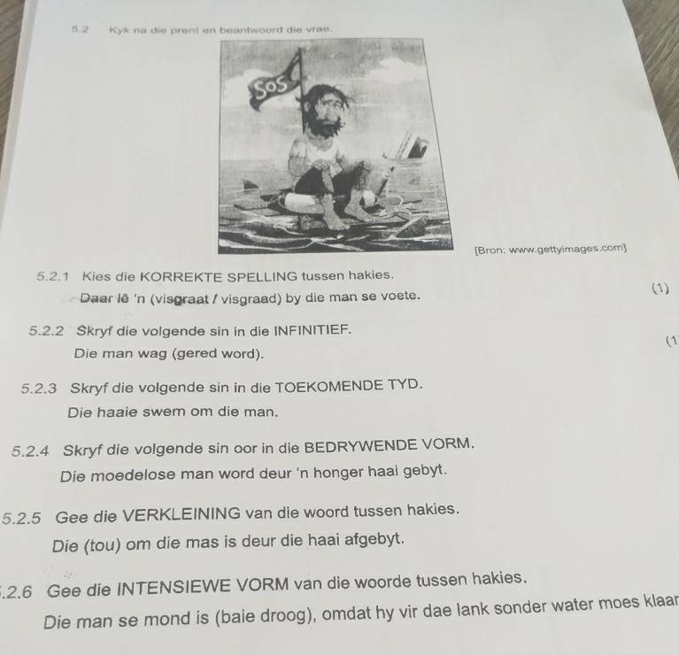 5.2 Kyk na die prent en beantwoord die vrae. 
[Bron: www.gettyimages.com] 
5.2.1 Kies die KORREKTE SPELLING tussen hakies. 
(1) 
Daar lê 'n (visgraat / visgraad) by die man se voete. 
5.2.2 Skryf die volgende sin in die INFINITIEF. 
(1 
Die man wag (gered word). 
5.2.3 Skryf die volgende sin in die TOEKOMENDE TYD. 
Die haaie swem om die man. 
5.2.4 Skryf die volgende sin oor in die BEDRYWENDE VORM. 
Die moedelose man word deur ‘n honger haai gebyt. 
5.2.5 Gee die VERKLEINING van die woord tussen hakies. 
Die (tou) om die mas is deur die haai afgebyt. 
.2.6 Gee die INTENSIEWE VORM van die woorde tussen hakies. 
Die man se mond is (baie droog), omdat hy vir dae lank sonder water moes klaar