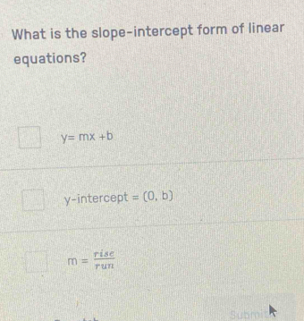 What is the slope-intercept form of linear
equations?
y=mx+b
y-intercept =(0,b)
m= rise/run 