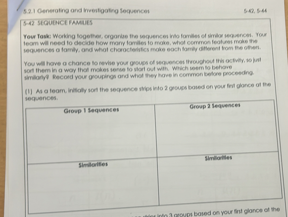 Generating and Investigating Sequences 5 - 42, 5 - 44
5-42 SEQUENCE FAMILIES 
Your Task: Working together, organize the sequences into families of similar sequences. Your 
team will need to decide how many families to make, what common features make the 
sequences a family, and what characteristics make each family different from the others. 
You will have a chance to revise your groups of sequences throughout this activity, so just 
sort them in a way that makes sense to start out with. Which seem to behave 
similarly? Record your groupings and what they have in common before proceeding. 
(1) As a team, initially sort the sequence strips into 2 groups based on your first glance at the 
ns into 3 groups based on your first glanc