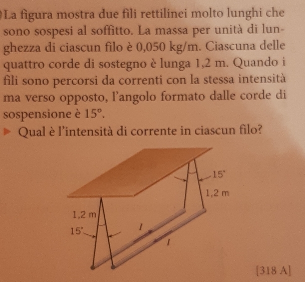 La figura mostra due fili rettilinei molto lunghi che
sono sospesi al soffitto. La massa per unità di lun-
ghezza di ciascun filo è 0,050 kg/m. Ciascuna delle
quattro corde di sostegno è lunga 1,2 m. Quando i
fili sono percorsi da correnti con la stessa intensità
ma verso opposto, l’angolo formato dalle corde di
sospensione è 15°.
Qual è l'intensità di corrente in ciascun filo?
[318 A]