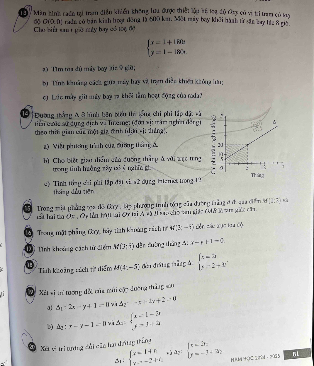 Màn hình rađa tại trạm điều khiển không lưu được thiết lập hệ toạ độ Oxy có vị trí trạm có toại
độ O(0;0) rađa có bán kính hoạt động là 600 km. Một máy bay khởi hành từ sân bay lúc 8 giờ.
Cho biết sau 1 giờ máy bay có toạ độ
beginarrayl x=1+180t y=1-180t.endarray.
a) Tìm toạ độ máy bay lúc 9 giờ;
b) Tính khoảng cách giữa máy bay và trạm điều khiển không lưu;
c) Lúc mấy giờ máy bay ra khỏi tầm hoạt động của rađa?
143  Đường thẳng A ở hình bên biểu thị tổng chi phí lắp đặt và 
tiền cước sử dụng dịch vụ Internet (đơn vị: trăm nghìn đồng)
theo thời gian của một gia đình (đơn vị: tháng).
a) Viết phương trình của đường thẳng Á. 
b) Cho biết giao điểm của đường thẳng Δ với trục tung
trong tình huống này có ý nghĩa gì. 
Tháng
c) Tính tổng chi phí lắp đặt và sử dụng Internet trong 12
tháng đầu tiên.
15 Trong mặt phẳng tọa độ Oxy , lập phương trình tổng của đường thẳng đ đi qua điểm M(1;2) và
cắt hai tia Ox , Oy lần lượt tại Ox tại A và B sao cho tam giác OAB là tam giác cân.
16 Trong mặt phẳng Oxy, hãy tính khoảng cách từ M(3;-5) đến các trục tọa độ.
C 17) Tính khoảng cách từ điểm M(3;5) đến đường thẳng A: x+y+1=0.
18 đến đường thẳng Δ: beginarrayl x=2t y=2+3tendarray. .

Tính khoảng cách từ điểm M(4;-5)
đa 1 Xét vị trí tương đối của mỗi cặp đường thẳng sau
a) △ _1:2x-y+1=0 và △ _2:-x+2y+2=0.
b) △ _3:x-y-1=0 và A_4:beginarrayl x=1+2t y=3+2t.endarray.
20 Xét vị trí tương đối của hai đường thẳng
cơn
Delta _1:beginarrayl x=1+t_1 y=-2+t_1endarray. và Delta _2:beginarrayl x=2t_2 y=-3+2t_2.endarray. NÃM HỌC 2024 - 2025 81