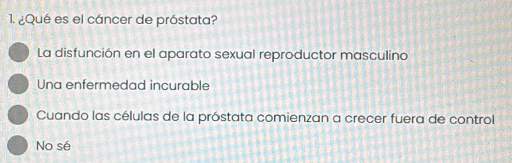 ¿Qué es el cáncer de próstata?
La disfunción en el aparato sexual reproductor masculino
Una enfermedad incurable
Cuando las células de la próstata comienzan a crecer fuera de control
No sé