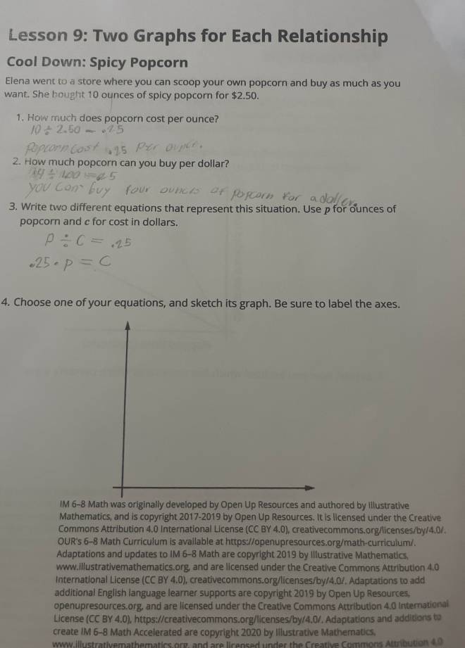 Lesson 9: Two Graphs for Each Relationship 
Cool Down: Spicy Popcorn 
Elena went to a store where you can scoop your own popcorn and buy as much as you 
want. She bought 10 ounces of spicy popcorn for $2.50. 
1. How much does popcorn cost per ounce? 
2. How much popcorn can you buy per dollar? 
3. Write two different equations that represent this situation. Usep for ounces of 
popcorn and e for cost in dollars. 
4. Choose one of your equations, and sketch its graph. Be sure to label the axes. 
IM 6-8 Math was originally developed by Open Up Resources and authored by Illustrative 
Mathematics, and is copyright 2017-2019 by Open Up Resources. It is licensed under the Creative 
Commons Attribution 4.0 International License (CC BY 4.0), creativecommons.org/licenses/by/4.0/. 
OUR's 6-8 Math Curriculum is available at https://openupresources.org/math-curriculum/. 
Adaptations and updates to IM 6-8 Math are copyright 2019 by Illustrative Mathematics. 
www.illustrativemathematics.org, and are licensed under the Creative Commons Attribution 4.0 
International License (CC BY 4.0), creativecommons.org/licenses/by/4.0/. Adaptations to add 
additional English language learner supports are copyright 2019 by Open Up Resources, 
openupresources.org, and are licensed under the Creative Commons Attribution 4.0 International 
License (CC BY 4.0), https://creativecommons.org/licenses/by/4,0/, Adaptations and additions to 
create IM 6-8 Math Accelerated are copyright 2020 by Illustrative Mathematics. 
www.illustrativemathematics org, and are licensed under the Creative Commons Attribution 4.0
