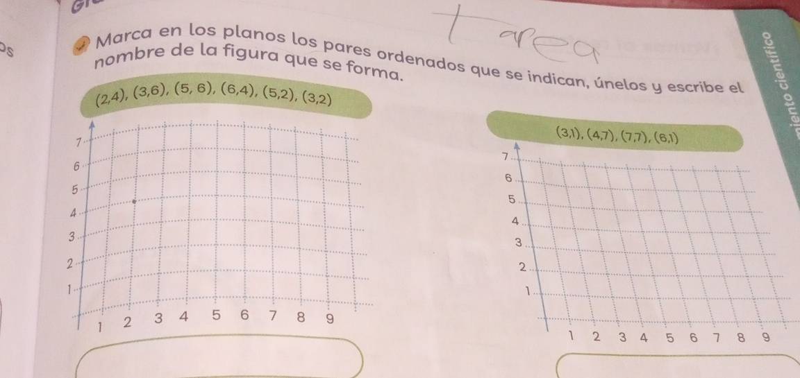 GI
Ds
* Marca en los planos los pares ordenados que se indican, únelos y escribe el
nombre de la figura que se forma.
(2,4),(3,6),(5,6),(6,4),(5,2),(3,2)