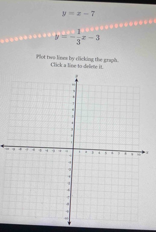 y=x-7
y=- 1/3 x-3
Plot two lines by clicking the graph.
Click a line to delete it.
-1