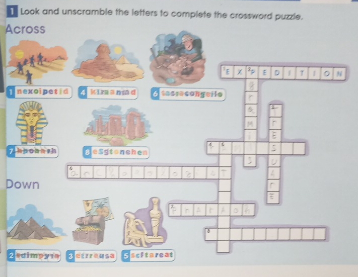 Look and unscramble the letters to complete the crossword puzzle. 
Across 
i 
7 
D 
2