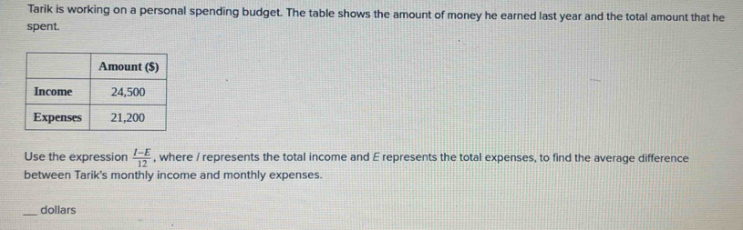 Tarik is working on a personal spending budget. The table shows the amount of money he earned last year and the total amount that he 
spent. 
Use the expression  (l-E)/12  , where / represents the total income and E represents the total expenses, to find the average difference 
between Tarik's monthly income and monthly expenses. 
_dollars