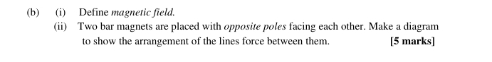 Define magnetic field. 
(ii) Two bar magnets are placed with opposite poles facing each other. Make a diagram 
to show the arrangement of the lines force between them. [5 marks]