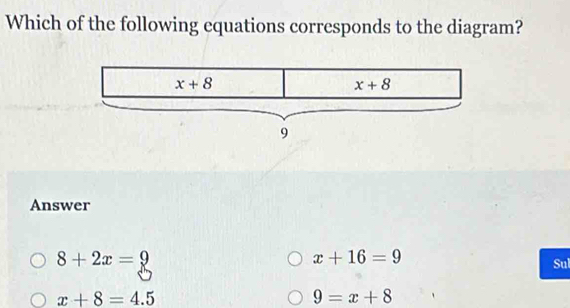 Which of the following equations corresponds to the diagram?
Answer
8+2x=9
x+16=9 Sul
x+8=4.5
9=x+8