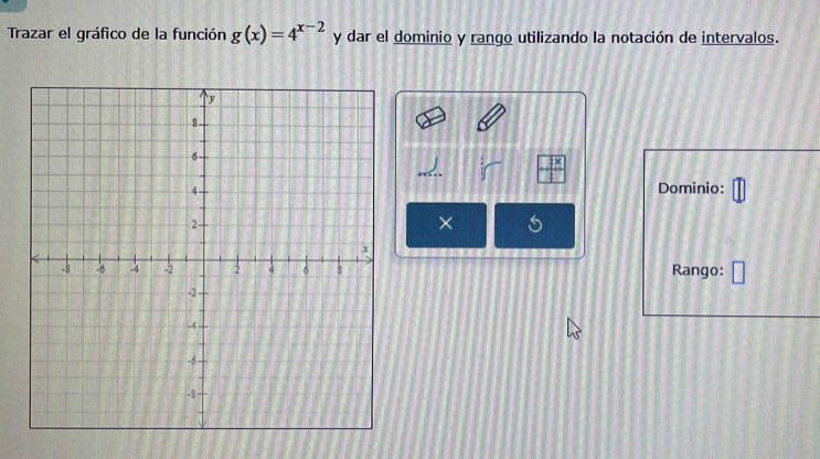 Trazar el gráfico de la función g(x)=4^(x-2) y dar el dominio y rango utilizando la notación de intervalos. 
Dominio: 
× 
Rango: