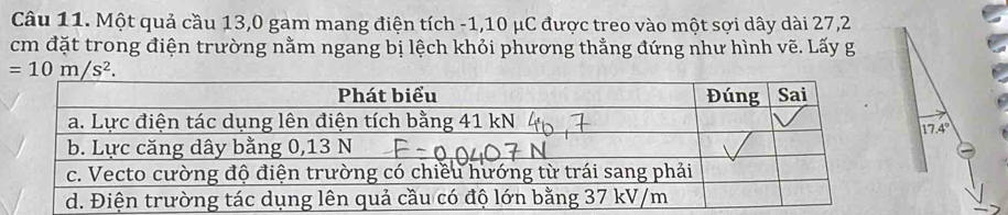 Một quả cầu 13,0 gam mang điện tích -1, 10 μC được treo vào một sợi dây dài 27,2
cm đặt trong điện trường nằm ngang bị lệch khỏi phương thẳng đứng như hình vẽ. Lấy g
=10m/s^2.
7.4°