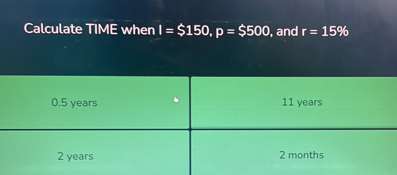 Calculate TIME when I=$150, p=$500 , and r=15%