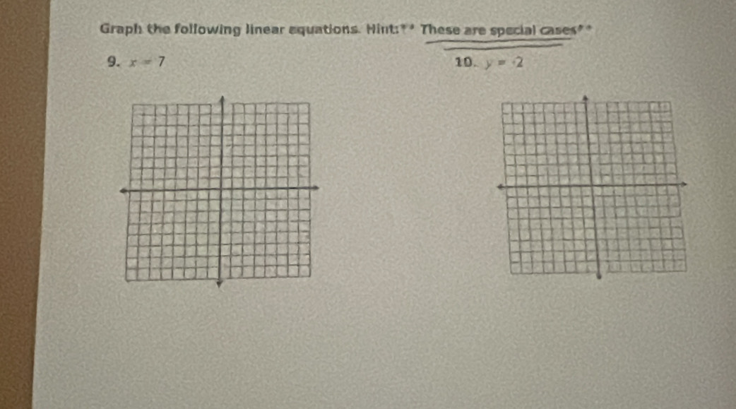 Graph the following linear equations. Hint:** These are special cases** 
9. x=7 10. y=2