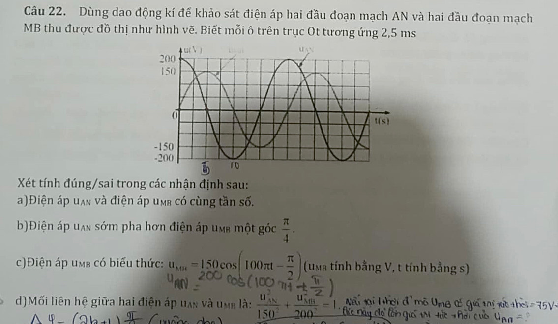 Dùng dao động kí để khảo sát điện áp hai đầu đoạn mạch AN và hai đầu đoạn mạch
MB thu được đồ thị như hình vẽ. Biết mỗi ô trên trục Ot tương ứng 2,5 ms
Xét tính đúng/sai trong các nhận định sau:
a)Điện áp uạn và điện áp umb có cùng tần số.
b)Điện áp uan sớm pha hơn điện áp um một góc  π /4 .
c)Điện áp umb có biểu thức: u_MH=150cos (100π t- π /2 ) (umb tính bằng V, t tính bằng s)
d)Mối liên hệ giữa hai điện áp uan và umg là: frac (u_AN)^2150^2+frac (u_AB)^2200^2=1
=