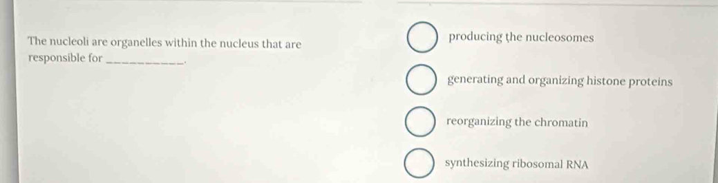 The nucleoli are organelles within the nucleus that are
producing the nucleosomes
responsible for_
.
generating and organizing histone proteins
reorganizing the chromatin
synthesizing ribosomal RNA