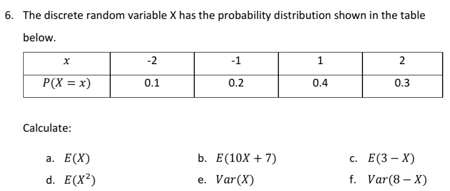 The discrete random variable X has the probability distribution shown in the table
below.
Calculate:
a. E(X) b. E(10X+7) C. E(3-X)
d. E(X^2) e. Var(X) f. Var(8-X)