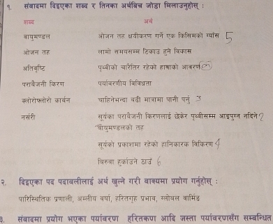 १. संवावमा वि 
शब्व 
बायुमण्डल 
ओजन तह 
अल्िवृष्टि 
परावैजनी वि 
क्लोरो फ्लो रो 
नर 
२ दिडएका पद 
पारिस्थितिक प्रणार्ल 
3 सबादमा प्रया