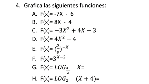 Grafica las siguientes funciones: 
A. F(x)=-7x-6
B. F(x)=8x-4
C. F(x)=-3X^2+4X-3
D. F(x)=4X^2-4
E. F(x)=( 3/5 )^-x
F. F(x)=3^(X-2)
G. F(x)=LOG_ 3/2  X=
H. F(x)=LOG_2(X+4)=