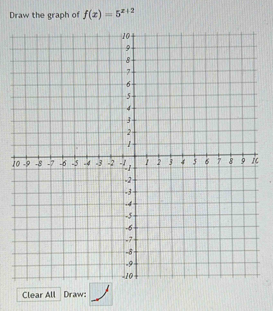 Draw the graph of f(x)=5^(x+2)
1 
Clear All Draw: