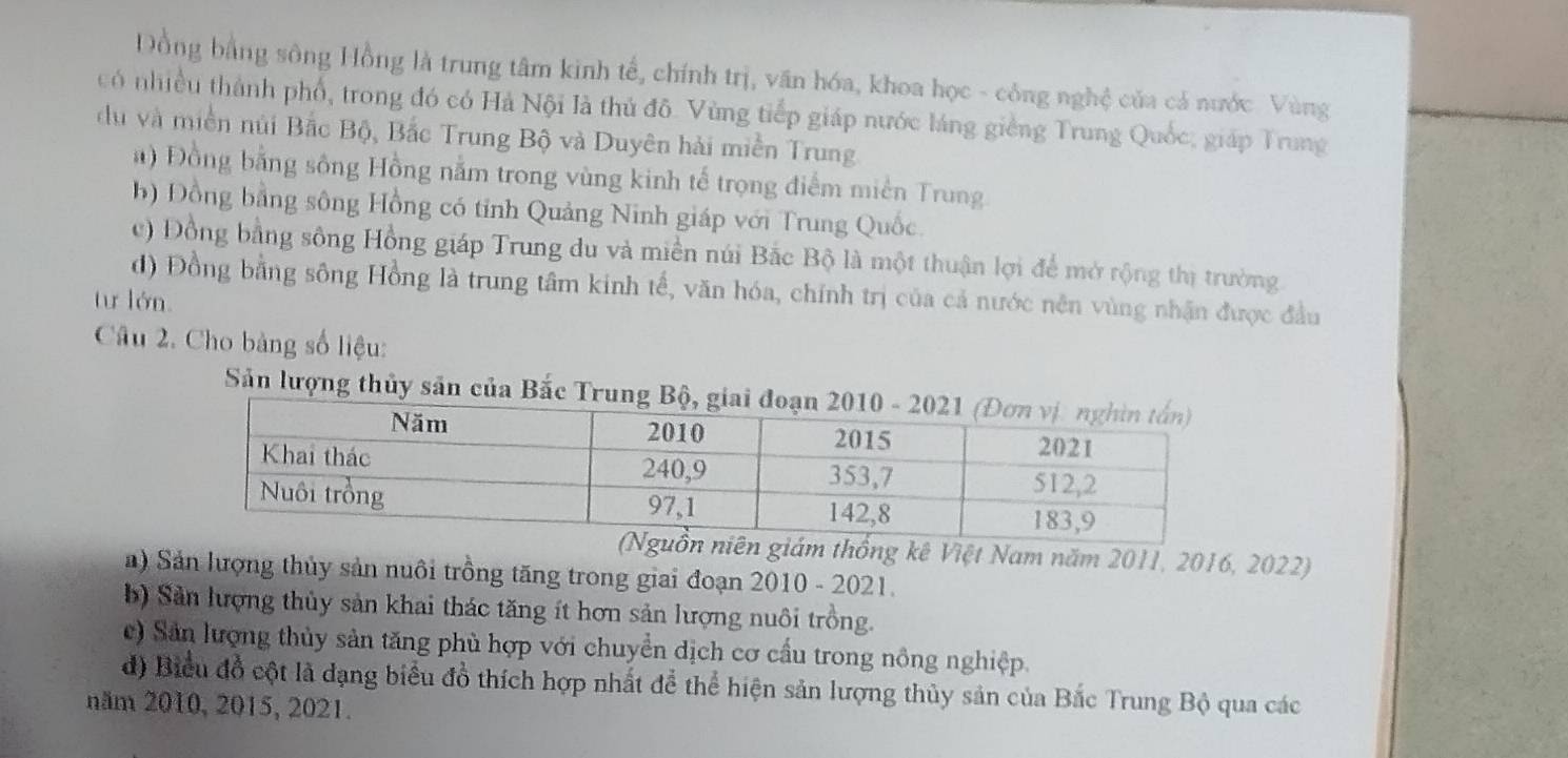 Đồng bằng sông Hồng là trung tâm kinh tế, chính trị, văn hóa, khoa học - công nghệ của cả nước. Vùng
có nhiều thành phổ, trong đó có Hả Nội là thủ đô. Vùng tiếp giáp nước láng giềng Trung Quốc, giáp Trung
du và miền núi Bắc Bộ, Bắc Trung Bộ và Duyên hải miền Trung
a ) Đồng bằng sông Hồng nằm trong vùng kinh tế trọng điểm miền Trung
b) Đồng bằng sông Hồng có tỉnh Quảng Ninh giáp với Trung Quốc.
c) Đồng bằng sông Hồng giáp Trung du và miền núi Bắc Bộ là một thuận lợi để mở rộng thị trường.
d) Đồng bằng sông Hồng là trung tâm kinh tế, văn hóa, chính trị của cả nước nên vùng nhận được đầu
tư lớn
Câu 2. Cho bảng số liệu:
Sản lượng thủy sản của Bắc Trung
n giám thống kê Việt Nam năm 2011, 2016, 2022)
) Sản lượng thủy sản nuôi trồng tăng trong giai đoạn 2010 - 2021.
b) Sản lượng thủy sản khai thác tăng ít hơn sản lượng nuôi trồng.
c) Sản lượng thủy sản tăng phù hợp với chuyển dịch cơ cấu trong nông nghiệp.
d) Biểu đồ cột là dạng biểu đồ thích hợp nhất để thể hiện sản lượng thủy sản của Bắc Trung Bộ qua các
năm 2010, 2015, 2021.