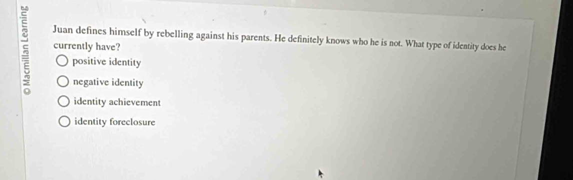 currently have?
Juan defines himself by rebelling against his parents. He definitely knows who he is not. What type of identity does he
positive identity
negative identity
identity achievement
identity foreclosure