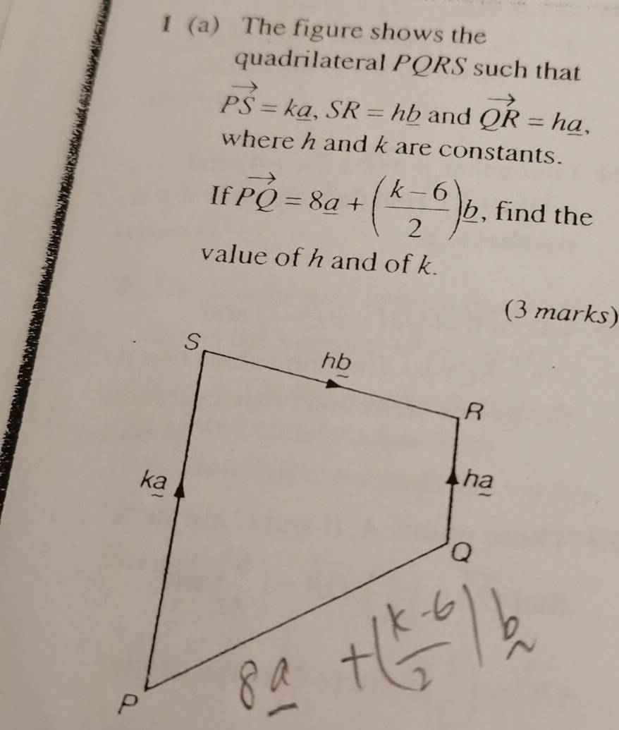 1 (a) The figure shows the 
quadrilateral PQRS such that
vector PS=k_ a, SR=h_ b and vector QR=h_ a, 
where h and k are constants. 
If vector PQ=8a+( (k-6)/2 )b , find the 
value of h and of k. 
(3 marks)