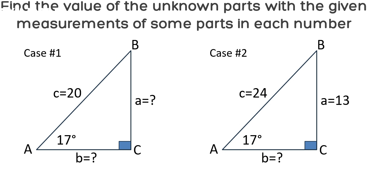 Find the value of the unknown parts with the given
measurements of some parts in each number