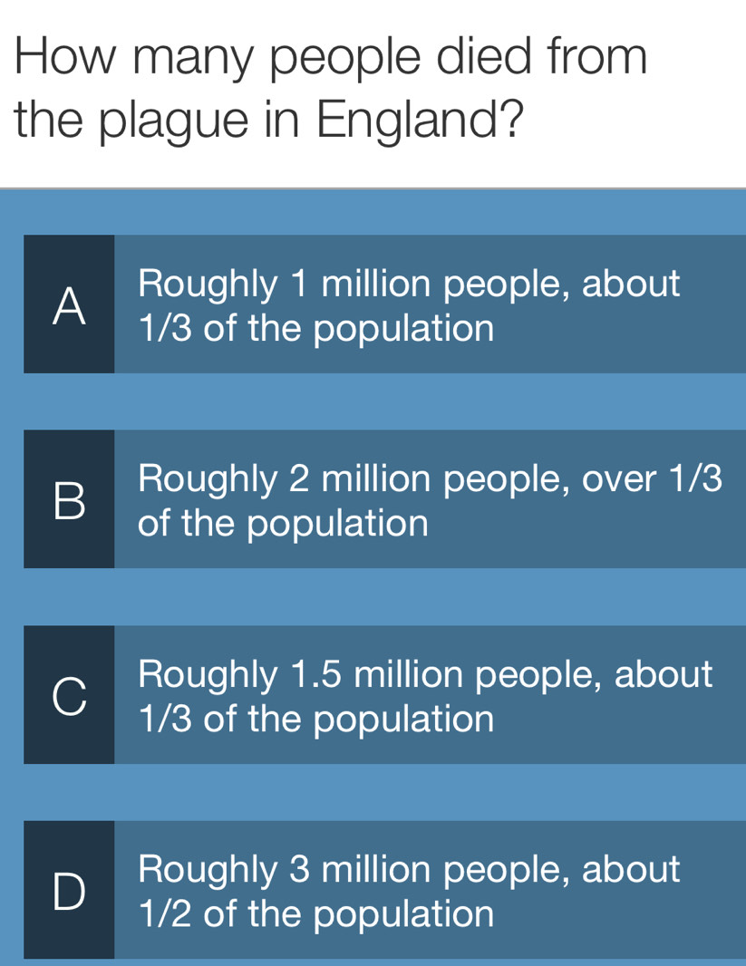 How many people died from
the plague in England?
A Roughly 1 million people, about
1/3 of the population
Roughly 2 million people, over 1/3
B of the population
C Roughly 1.5 million people, about
1/3 of the population
D Roughly 3 million people, about
1/2 of the population