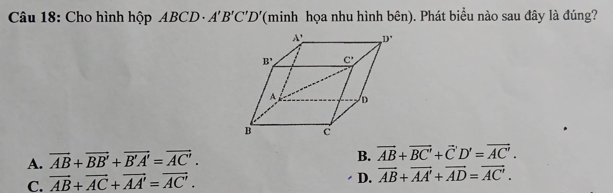 Cho hình hộp ABCD · A'B'C'D' (minh họa nhu hình bên). Phát biểu nào sau đây là đúng?
A. vector AB+vector BB'+vector B'A'=vector AC'.
B、 vector AB+vector BC'+vector C'D'=vector AC'.
C. vector AB+vector AC+vector AA'=vector AC'.
D. vector AB+vector AA'+vector AD=vector AC'.