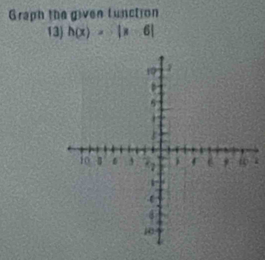 Graph the given lunction 
13) h(x)=|x-6|