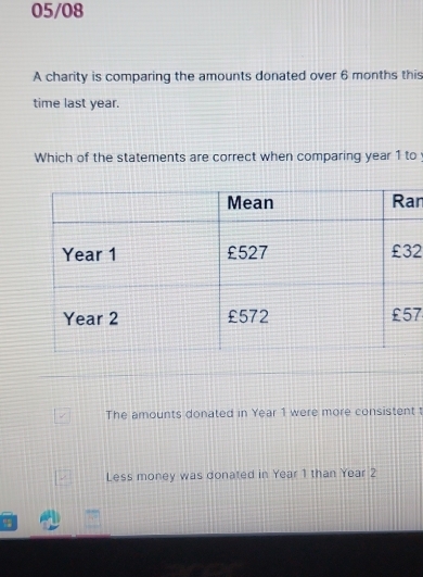 05/08
A charity is comparing the amounts donated over 6 months this
time last year.
Which of the statements are correct when comparing year 1 to
n
2
7
The amounts donated in Year 1 were more consistent t
Less money was donated in Year 1 than Year 2