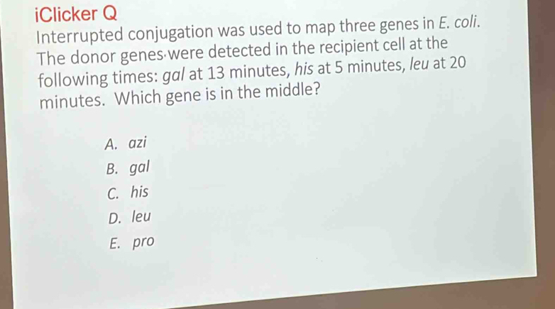 iClicker Q
Interrupted conjugation was used to map three genes in E. coli.
The donor genes were detected in the recipient cell at the
following times: gal at 13 minutes, his at 5 minutes, leu at 20
minutes. Which gene is in the middle?
A. azi
B. gal
C. his
D. leu
E. pro