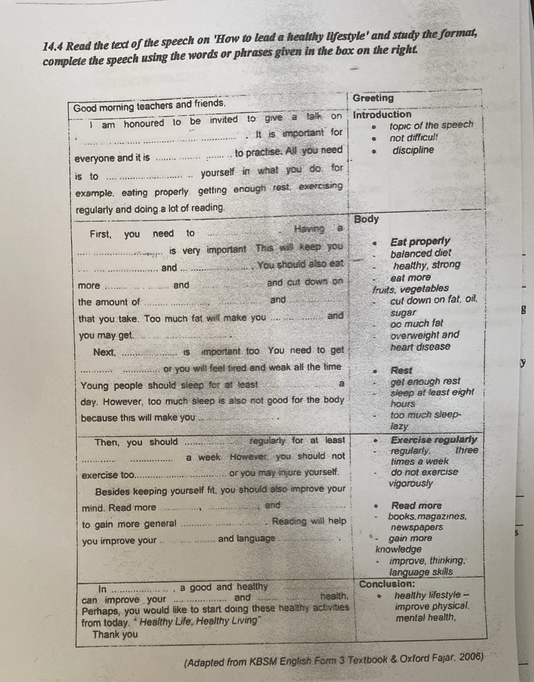 14.4 Read the text of the speech on 'How to lead a healthy lifestyle' and study the format, 
complete the speech using the words or phrases given in the box on the right. 
g 
y 
(Adapted from KBSM English Form 3 Textbook & Oxford Fajar, 2006)