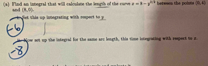 Find an integral that will calculate the length of the curve x=8-y^(3/2) between the points (0,4)
and (8,0). 
Set this up integrating with respect to y
ii. Now set up the integral for the same arc length, this time integrating with respect to x.