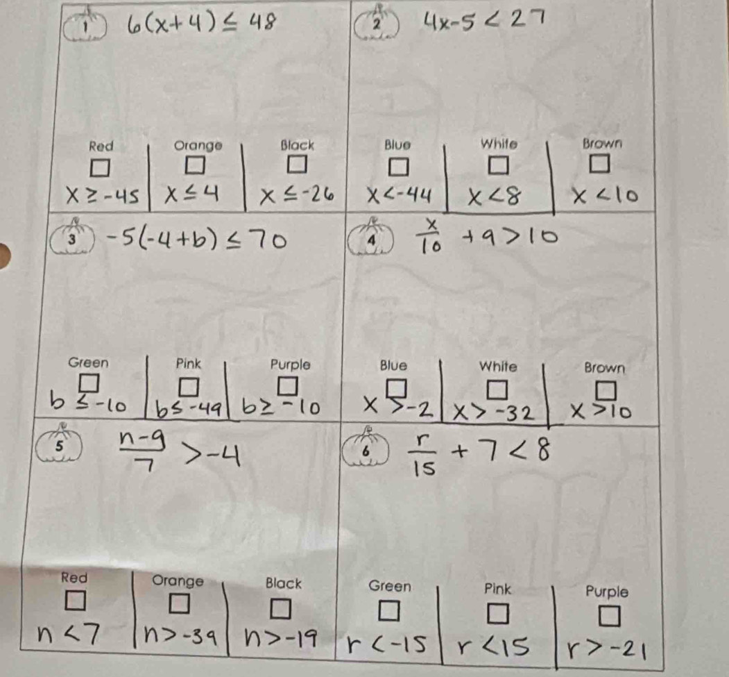 6(x+4)≤ 48
2 4x-5<27</tex>
r r<15</tex> r>-21