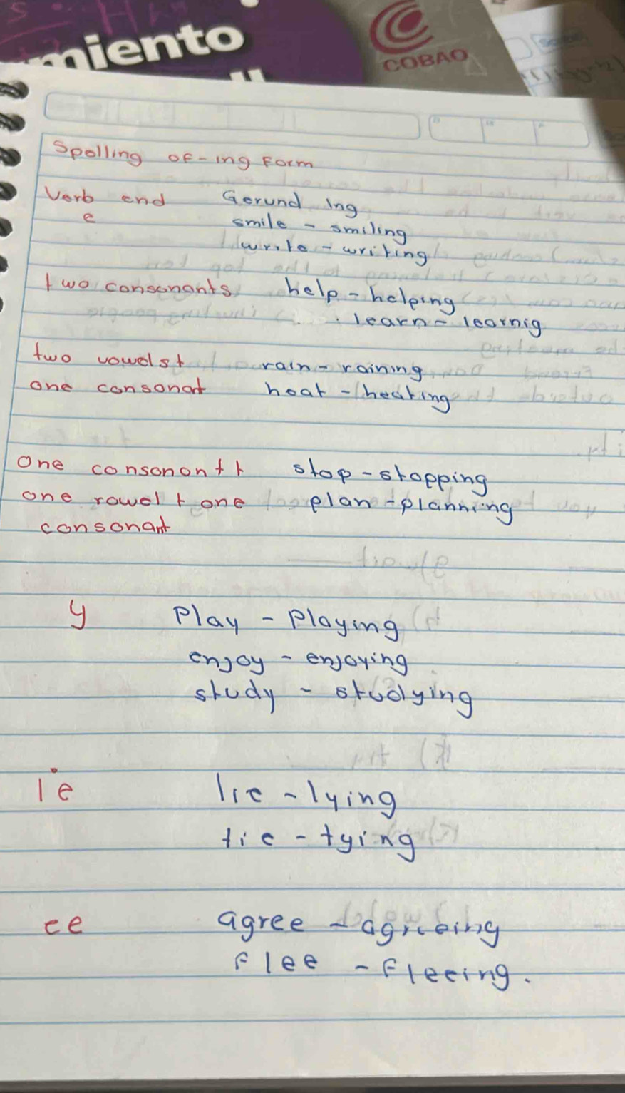 Spolling of-ing Form 
Verb end Gerund ing 
e 
smile - smiling 
wwrite - writing 
two consonants help-helping 
learn-learnig 
two voudstrain-raining 
one consonat hoat-heaking 
one consonon+1 stop-stopping 
one rowel t one plan-planning 
consonant 
g 
play - playing 
enjoy -enjoying 
study -stuolying 
le 
Iic-lying 
fic-tying 
ee 
agree agring 
Flee - Fleeing.