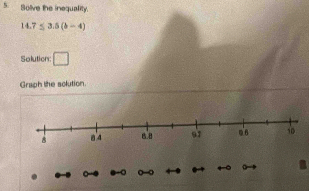Solve the inequality.
14.7≤ 3.5(b-4)
Solution: □ 
Graph the solution. 
a 
a
