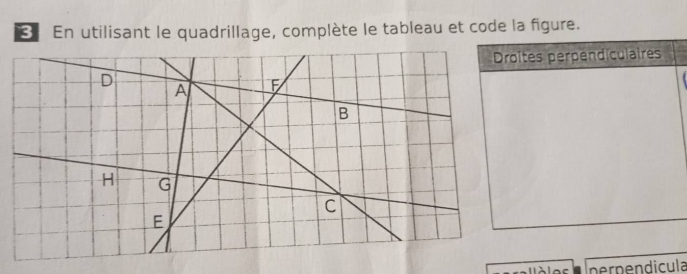 En utilisant le quadrillage, complète le tableau et code la figure. 
tes perpendiculaires 
es perpendicula