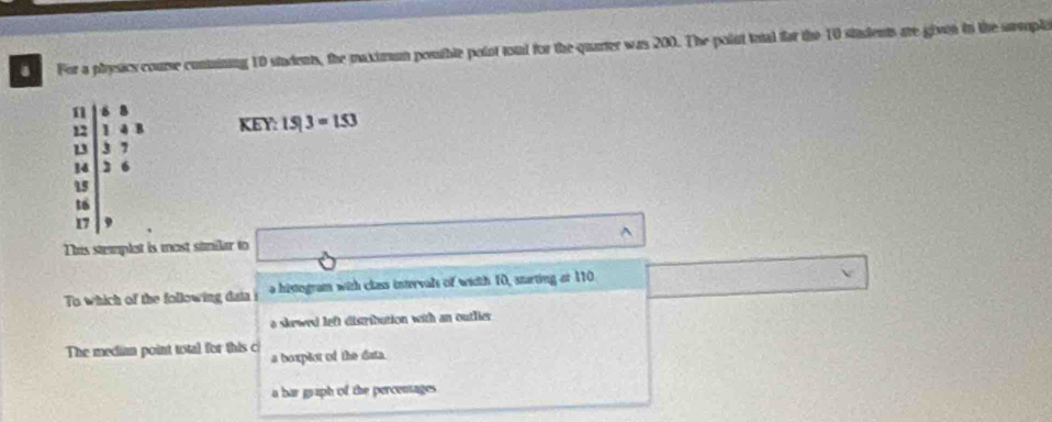 For a phrysics course conining 10 students, the maximm posible point toul for the quarter was 200. The point toal far the 10 stdents are givon in the srsople
11 6 8
12 1 4 B KEY: 15|3=153
13 3 7
14 6
15
16
17
^
This stmplet is most similar to
To which of the following daia a histogram with class intervals of width 10, starting ot 110
e skewed left dierbation with an outlier
The median point total for this c s boxplot of the data.
a har graph of the percentages