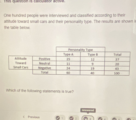 This question is calculator active. 
One hundred people were interviewed and classified according to their 
attitude toward small cars and their personality type. The results are shown i 
the table below. 
Which of the following statements is true? 
Answered 
Previous 1 2