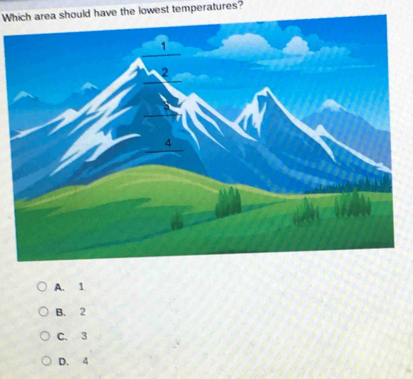 Which area should have the lowest temperatures?
A. 1
B. 2
C. 3
D. 4