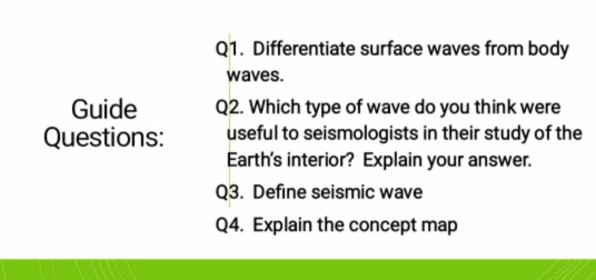 Differentiate surface waves from body 
waves. 
Guide Q2. Which type of wave do you think were 
Questions: useful to seismologists in their study of the 
Earth's interior? Explain your answer. 
Q3. Define seismic wave 
Q4. Explain the concept map