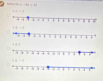 Solve for x : -8x≤ 24
x=-3
x≤ -3
x≥ 3
x≥ -3